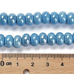 釉薬をかけた磁器製のロンデルビーズ  光沢のあるセラミックビーズ  ライトブルー  8.5x5.5mm  穴：1.8mm  約55個/連  28~30cm&nbsp;PORC-Q001-01F