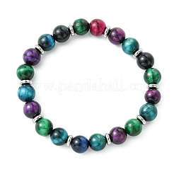 Dyed & Heated Natural Tiger Eye & Brass Round Beaded Stretch Bracelets for Women Men&nbsp;BJEW-JB13933