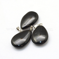 ティアドロップ天然黒曜石ペンダント  プラチナトーンの真鍮パーツ  25~29x16~17x5~6mm  穴：2x7mm&nbsp;G-Q368-28