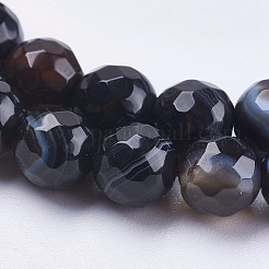 天然石縞瑪瑙/バンデットアゲートビーズ連売り  ラウンド  多面カット  染め  ブラック  6mm  穴：1mm  約62個/連  14.5インチ（37cm）&nbsp;G-P364-11-6mm