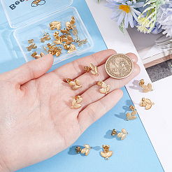 304ステンレススチールスタッドピアス金具24個  ループとイヤーナット付き  ピアスバックキャッチ  葉  18KGP本金メッキ  14x11mm  穴：1mm  ピン：0.7mm&nbsp;STAS-BBC0010-43G