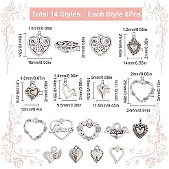 84個14スタイルチベットスタイルアロイペンダント  ハート  アンティークシルバー  12~24x9.5~25x2~5mm  穴：1.2~3mm&nbsp;TIBE-SC0009-24