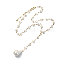 Brass and Natural Baroque Keshi Pearl Teardrop Tassel Y Necklaces for Women&nbsp;NJEW-JN06200