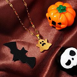 ハロウィン 304ステンレススチール エナメルペンダントネックレス  ユニセックスの金メッキダップチェーン付き  ゴースト  ブラック  15.75インチ（40cm）&nbsp;PA5568