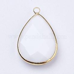 ゴールデントーン真鍮ガラスティアドロップペンダント  多面カット  雪  18x10x5mm  穴：2mm&nbsp;GLAA-M006-A-22G