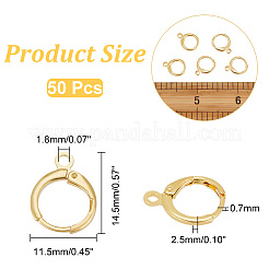 真鍮フレンチフックピアスのパーツ50個。  水平ループ付き  ゴールドカラー  14.5x11.5x2.5mm  穴：1.8mm  ピン：0.7mm&nbsp;KK-PH0005-27