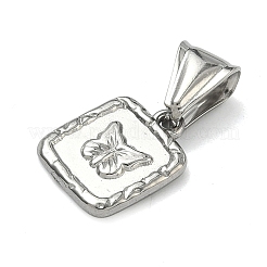 テクスチャ加工された304ステンレススチールペンダント  蝶のチャーム付きスクエア  ステンレス鋼色  15.5x12x2mm  穴：4x9mm&nbsp;STAS-D225-01P