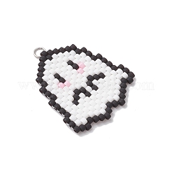 手作りのガラスシードビーズのゴーストペンダント  304ステンレススチールの丸カンループ付き  ホワイト  31x27x2mm  穴：3mm&nbsp;PALLOY-MZ00790