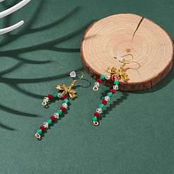 Glass Christmas Candy Cane with Alloy Bowknot Dangle Earrings&nbsp;EJEW-JE04971-03