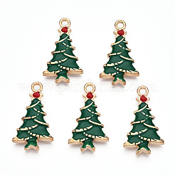 メッキ合金エナメルチャームラック  カドミウムフリー＆ニッケルフリー＆鉛フリー  ライトゴールド  クリスマスツリー  濃い緑  26x15x3mm  穴：2mm&nbsp;ENAM-N055-124