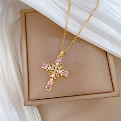 304 Stainless Steel Pave Pink Cubic Zirconia & Faux Pearl Cross Pendant Necklaces for Women&nbsp;WGAE7D3-01
