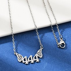 201 Stainless Steel Number 444 with Butterfly Wings Pendant Necklaces&nbsp;NJEW-P332-01B-P
