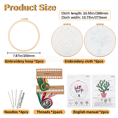 2セット2スタイルのDIY刺繍キット  プリントリネン生地を含む  刺繍糸と針  プラスチック刺繍フープ  混合図形  214x200x10mm  糸: 6 & 14 色  1スタイル/セット&nbsp;DIY-GF0009-97B-1