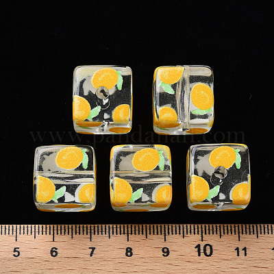 透明印刷アクリルビーズ  フルーツ模様の四角  レモン模様  16x16x16mm  穴：3mm&nbsp;MACR-S374-08A-02-1