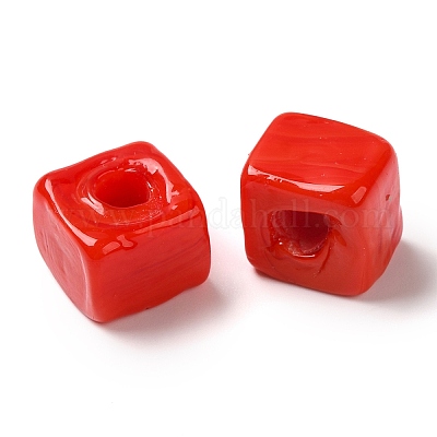 手作りランプワークビーズ  キューブ  レッド  8.5~10x8.5~10.5x8~10.5mm  穴：4mm&nbsp;LAMP-B025-01A-08-1