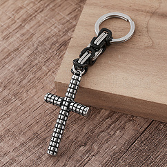 304 Stainless Steel Tartan Cross Keychains, with Split Key Rings & Byzantine Chains, Stainless Steel Color, 85mm