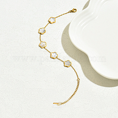 201 Stainless Steel Cable Chain Bracelets with Lobster Claw Clasp, Shell Flower Link Bracelet for Women, Real 18K Gold Plated, 6-3/4 inch(17cm)