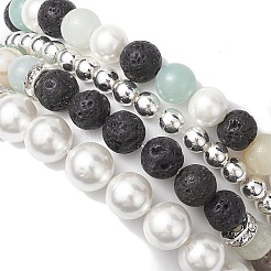 4Pcs 4 Styles 6/8mm Round Natural Lava Rock & Flower Amazonite & Shell Pearl Beaded Stackable Stretch Bracelet Sets&nbsp;BJEW-JB10333