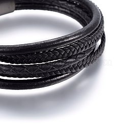 レザーコード多連ブレスレット  304ステンレススチール製マグネット留め具付き  長方形  ガンメタ色  7-7/8インチ（20cm）  12x6mm&nbsp;BJEW-G603-36B