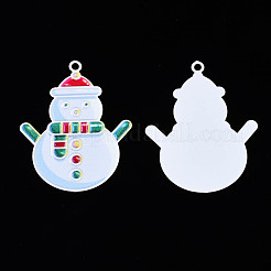 スプレープリント真鍮製ペンダント  プリント付き  クリスマス雪だるま  ホワイト  35x27.5x0.4mm  穴：1.8mm&nbsp;KK-Q281-014