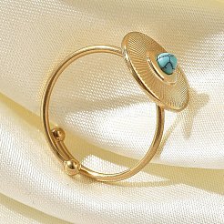 女性用304ステンレススチールオープンカフリング  合成ターコイズ付き  イオンプレーティング（ip）  フラットラウンド  ゴールドカラー  usサイズ7 1/4(17.5mm)&nbsp;RJEW-F173-01G