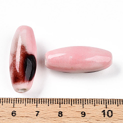 手作りの陶器ビーズ  ファンシーアンティーク施釉磁器  オーバル  ピンク  30~32x12~13.5mm  穴：2~3.5mm&nbsp;PORC-N008-07P