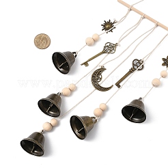 鉄のベルと合金の鍵/太陽/月のチャームの吊り下げ装飾品  家のドアの壁の装飾用の木製ビーズと綿のコード  アンティークブロンズ  410mm&nbsp;HJEW-JM03431