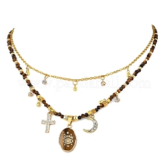 Natural Tiger Eye Oval Pendant Brass Cable Chain Double Layer Necklaces for Women&nbsp;NJEW-JN06196