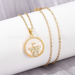 Flat Round with Bee Brass Micro Pave Cubic Zirconia Pendant Neckalces for Women&nbsp;NJEW-C076-12G