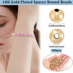 真鍮製スペーサービーズ  ラウンド  18KGP本金メッキ  6mm  穴：1mm  300pc&nbsp;KK-BBC0015-08A