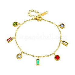 304 Stainless Steel Pave Colorful Cubic Zirconia Rectangle Flat Round Charm Bracelets for Women&nbsp;WG5257D-01