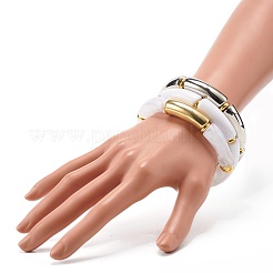 女の子の女性のために設定された分厚いカーブチューブビーズストレッチブレスレット  アクリル＆ccbプラスチックビーズブレスレット  ゴールドカラー  ホワイト  内径：2-1/8インチ（5.5cm）  3個/セット&nbsp;BJEW-JB06949