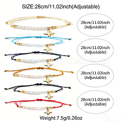 304ステンレススチール製クロスチャームブレスレット 6個  真鍮と模造パールを使用した丸型ビーズの調節可能なレディースブレスレット  紙カード付き  ミックスカラー  11.02インチ（28cm）&nbsp;NZ8647-8