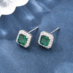 Square Brass Micro Pave Cubic Zirconia Stud Earrings&nbsp;EJEW-Z164-22P-02