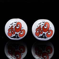 ハロウィンプリント天然木ビーズ  ゴーストとワードブーでラウンド  レッドオレンジ  15.5x14.5mm  穴：4mm&nbsp;WOOD-S057-083