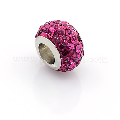 304ステンレススチールポリマークレイラインストーンヨーロピアンビーズ  大穴ロンデルビーズ  ローズ  12.5x8mm  穴：5mm&nbsp;CPDL-J015-23