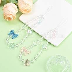 透明アクリル＆プラスチックビーズ携帯ストラップ  ナイロン糸で  クマと蝶結びと花とハート  ピンク  215mm&nbsp;HJEW-YW00380-01