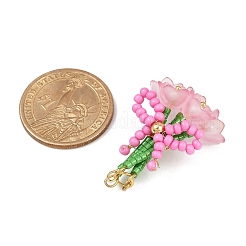 蝶結びのペンダントが付いた手作りのガラスビーズの花  304ステンレススチールのアイピンループとアクリル付き  パールピンク  37.5x27x19mm  穴：2mm&nbsp;PALLOY-MZ00753-04