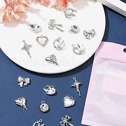 18 個 8 スタイル合金ガラス & 樹脂ペンダント  月のチャームとウサギと蝶結びと十字架と花  プラチナ  13~27.5x11.5~17x3.5~6mm  穴：1.5~2mm&nbsp;DIY-FS0005-35