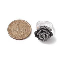 グリッターパウダーローズ樹脂指輪  女性のための真鍮の調節可能なリング  ブラック  20x20mm  内径：18mm&nbsp;RJEW-JR00731-03