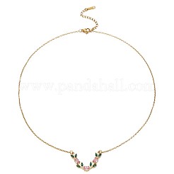 真鍮製パヴェキュービックジルコニアリーフV字型ペンダントネックレス（女性用）  ゴールドカラー  ピンク  15.75インチ（40cm）&nbsp;WG6C61B-02