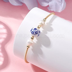 Handmade Porcelain & Natural Cultured Freshwater Pearl & Non-magnetic Synthetic Hematite Beaded Cuff Bangles for Women&nbsp;BJEW-JB14019