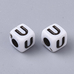 白い不透明なアクリルビーズ  水平穴  黒いアルファベットのキューブ  U字  4~5x4~5x4~5mm  穴：1.8mm  約6000~6500個/500g&nbsp;MACR-R869-02U
