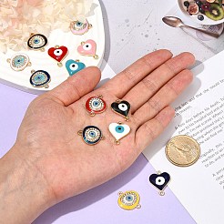 28個14スタイルラックメッキ合金エナメルリンクコネクター  不規則なフラットラウンドい＆ナザールボンジュウのある心  ミックスカラー  17~20x16~20x3mm  穴：1.6mm  2個/スタイル&nbsp;ENAM-SZ0002-60