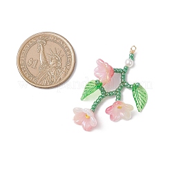 ガラスシードビーズの花のペンダント  環境に優しい銅線とアクリルを使用  ミックスカラー  41x24x13mm  穴：1.6mm&nbsp;PALLOY-MZ00988