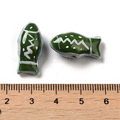 手作りプリント陶器ビーズ  手描きの陶器ビーズ  ファミーユは磁器バラ  魚  グリーン  11x21.5~22x9mm  穴：1.5~1.8mm&nbsp;PORC-E015-17J