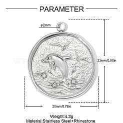 304ステンレスペンダント  イルカのチャームが付いたフラットラウンド  鏡面研磨仕上げ  ステンレス鋼色  23x20mm  穴：2mm&nbsp;SA-OY001-69P
