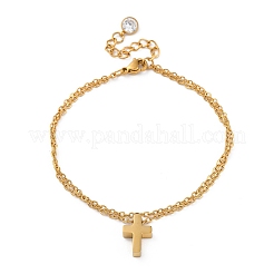 304ステンレススチールチャームブレスレット  女性用ダブルアズキチェーンジュエリー  クロス  14KGP本金メッキ  12-5/8インチ（32cm）&nbsp;BJEW-K265-01G