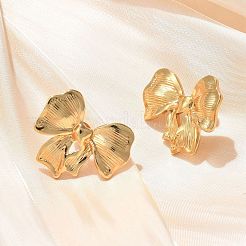 女性用304ステンレススチールスタッドピアス  イオンプレーティング（ip）  蝶結び  18KGP本金メッキ  20.5x24mm&nbsp;EJEW-U047-11G