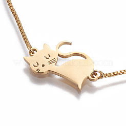 201 ステンレススチール子猫スライダーブレスレット  ベネチアンチェーン  かわいいねこ  ゴールドカラー  9-5/8インチ〜9-7/8インチ（24.5~25cm）  リンク：21x14x1.5mm&nbsp;STAS-I113-46G